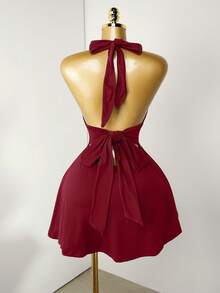 Mistrie Black Tight-Fitting Romper With Deep V-Neck, Backless Strap - Red - View 2