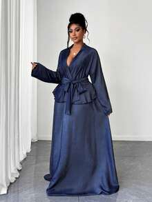 Maweii مجموعة قطعتين للمرأة بحجم كبير - ملابس علوية كم طويل مع تصميم حزام وتنورة متوسطة الطول، كاجوال - أزرق بحري - مشاهدة 6