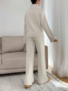 EURMUSE Women Relaxed Fit Turtle-Neck Sweater With Rib Knit Detailed And Straight Knit Pant Set - Beige - View 2