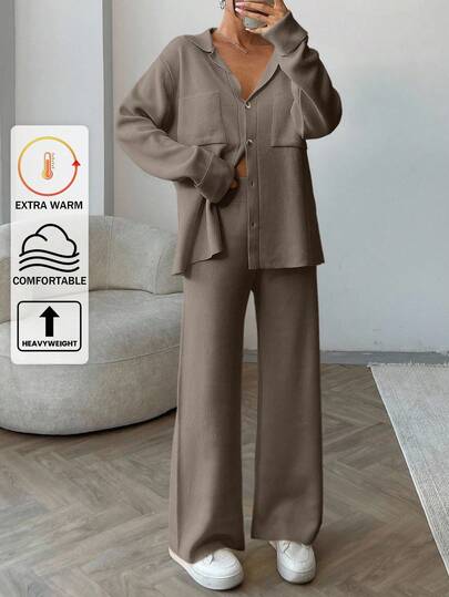 EURMUSE Women Solid Color Collar Neck Front Button Pocket Detailed Pullover & Sweater Pants Set,Petite,Winter Clothes