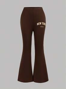 SHEIN 2 Stücke/Set Tween Mädchen Oversized Lässig Einfarbig Khaki Buchstaben Muster Langarm Sweatshirt und weite Hose 2 Stücke Set, Rückkehr zur Schule