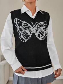 EURMUSE Black V-Neck Knit Sweater Vest With White Butterfly Intarsia – Sleeveless Graphic Pullover For Layering - White - View 6