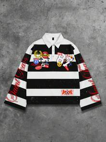 ROMWE MEN Prep 男士条纹领学院风长袖印花T恤，休闲学院风上衣，秋季款 - 黑與白 - 查看 3