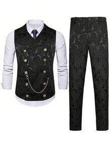 Manfinity AFTRDRK 男士复古双排扣背心和西装裤套装 - 黑色 - 查看 3