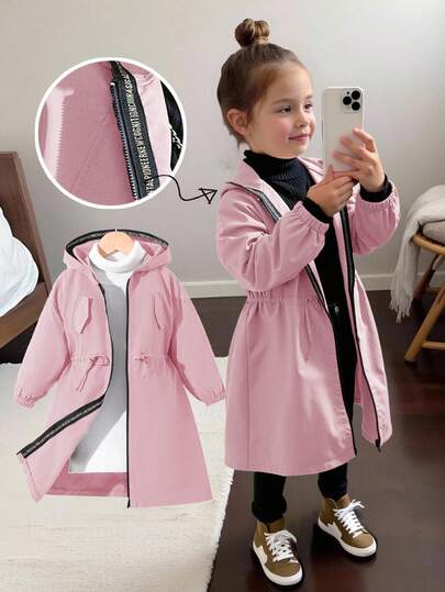 SHEIN 年轻女孩休闲字母装饰宽松文字带连帽口袋中长款派克大衣夹克，风衣，梭织双排扣翻领宽松长款风衣，休闲军事风格，适合通勤和户外穿着，女孩的 Y2k 服装。返校季。妈妈&姐姐&我的搭配。女士秋冬服装