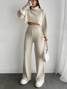EURMUSE High Neck Bubble Sleeve Knitted Knitted Two Piece Set - Beige - View 4