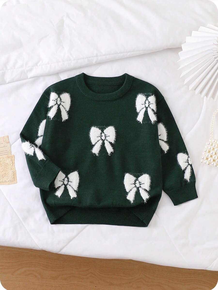 SHEIN 女童加厚粉色圆领毛衣，饰有白色蝴蝶结图案，休闲可爱，适合叠穿、外出或单穿，秋冬季圣诞节万圣节皆宜。 - 綠色 - 查看 1