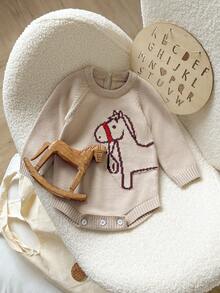 SHEIN Playful Pals Baby Boy Casual, Fashionable, Simple And Cute Khaki Knitted Bodysuit With Little Horse Pattern, Soft And Comfortable, Suitable For Daily Scenes, Suitable For Autumn And Winter - Khaki - View 4