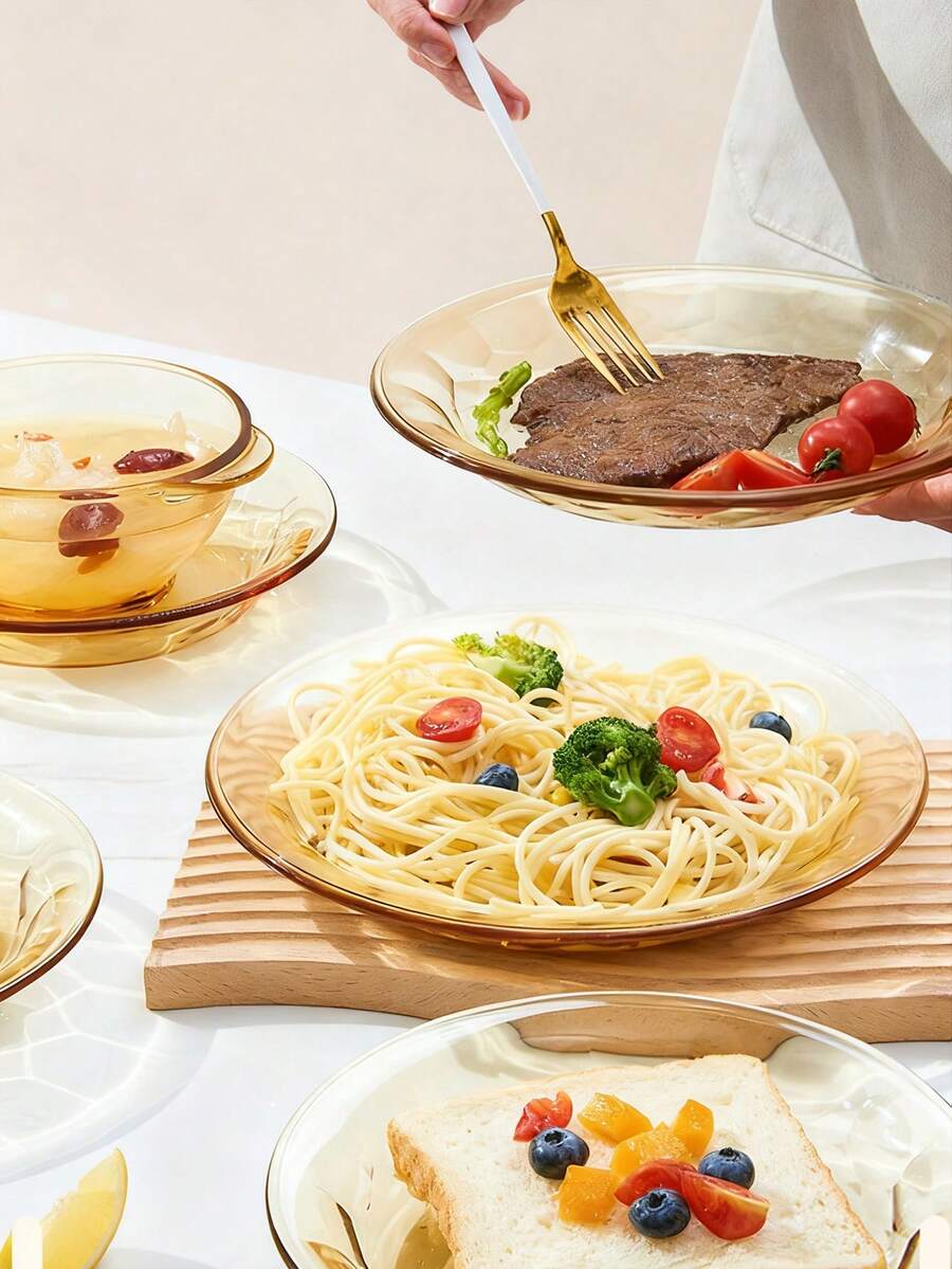 Zazumi 1 件套玻璃厨具量杯盘碗套装适用于厨房用餐和派对优雅琥珀色 | 餐具套装 - 琥珀 - 查看 1