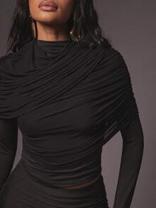 Hauture Sexy Asymmetrical Pleated Ruched Long Sleeve Top – Party & Night Out Going Out Top - Black - View 1