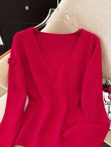 SHEIN LUNE 女式纯色 V 领法式手工钩编 3D 花卉毛衣，秋冬 - 紅色 - 查看 4