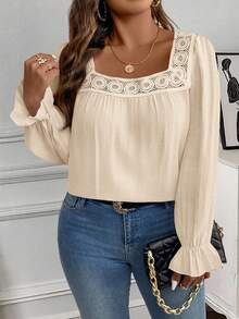EMERY ROSE Blusa de manga larga con cuello cuadrado elegante y de moda para mujer de talla grande - Albaricoque - Ver 6