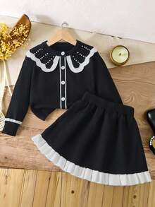 SHEIN Playful Pals Young Girl Casual And Cute Black Knitted Long-Sleeved Cardigan With Pearl Contrast Color And A Ruffled Knitted Short Skirt. Soft And Comfortable, Suitable For Daily Occasions, Outdoor Scenes, Travel Scenes, Vacation Scenes, Home Scenes, Nursery Scenes, And Children Playing - Black - View 6