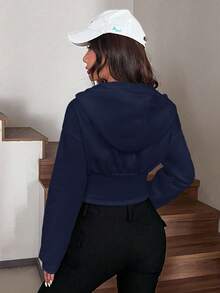 SHEIN EZwear 秋冬季拉链不对称下摆短款卫衣，深蓝色上衣，宝蓝色上衣，女式藏蓝色衬衫，女式藏蓝色上衣，性感女式衬衫 - 藏蓝色 - 查看 2