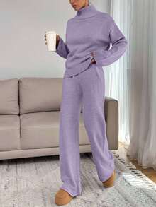 EURMUSE Women Relaxed Fit Turtle-Neck Sweater With Rib Knit Detailed And Straight Knit Pant Set,Co Ord,Winter Clothes - Lilac Purple - View 3