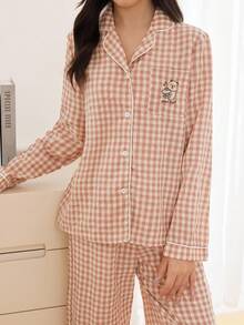 少女编织粉色格子刺绣图案长袖衬衫和裤子休闲睡衣套装 - 西瓜粉 - 查看 4