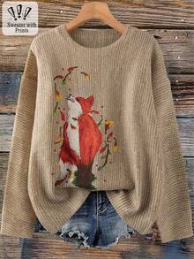 SHEIN LUNE Maglione casual oversize da donna, girocollo, in maglia a patchwork, con stampa a volpe, maniche lunghe, per autunno/inverno, stampa casuale - Multicolore - Visualizzare 1