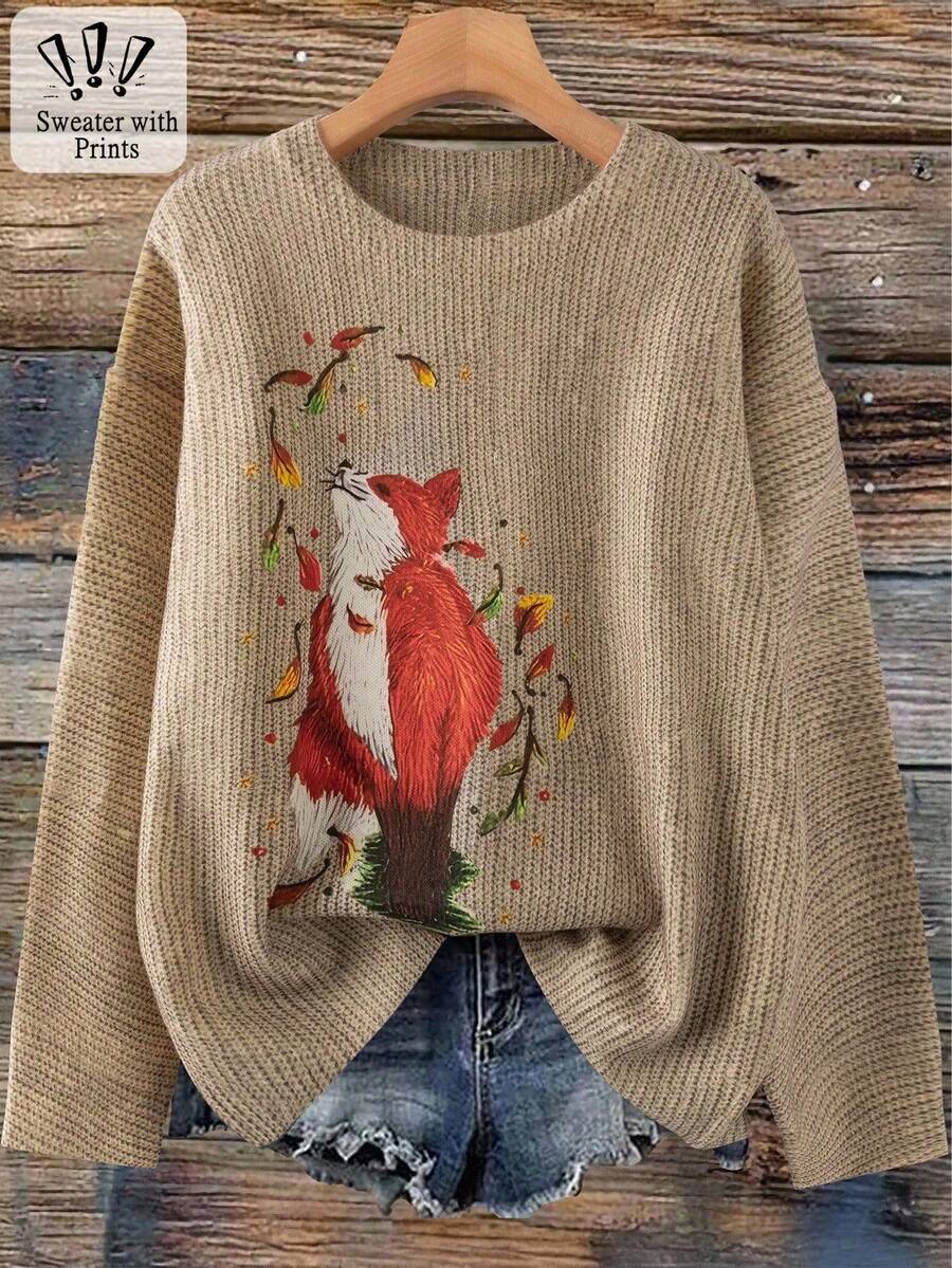 SHEIN LUNE Maglione casual oversize da donna, girocollo, in maglia a patchwork, con stampa a volpe, maniche lunghe, per autunno/inverno, stampa casuale - Multicolore - Visualizzare 1