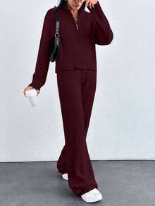EURMUSE Drop Shoulder Zip Up Cardigan & Knit Pants - Burgundy - View 4