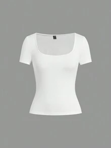 SHEIN EZwear 5件/包 女士圆领修身短袖T恤，多色基础款T恤 女士方领上衣 女士基础款上衣 纯色T恤 - 彩色 - 查看 14