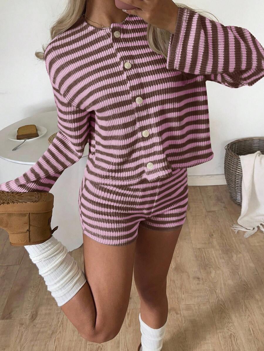 CovetEZ 2pcs Knitted Striped Casual Women Buttoned Front Long Sleeve Top And Shorts Set Knit Two Piece Set Two Piece Set Women Comfy Long Sleeve Two Piece Set Two Piece Lounge Set Comfortable Two Piece Set
