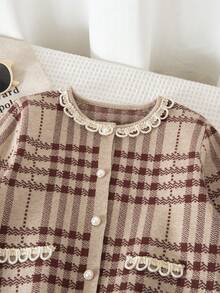 Girls Knitted Long Sleeve Sweater Casual 80s Plaid 2pcs Set For Autumn School Back-To-School Vintage Cardigan Ribbed Pants Suit For Young Girls Brown - Khaki - View 3
