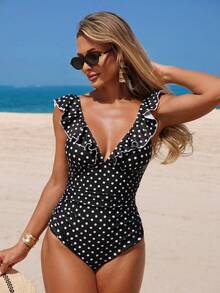 Swim Lushoire Women's Polka Dot Print Ruffle Tie Front One-Piece Swimsuit, Suitable For Summer Beach Vacation - Black and White - View 5