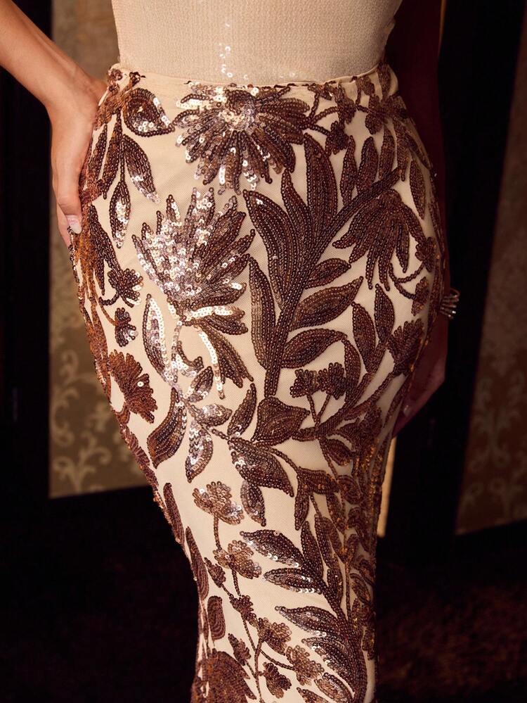 JUPE TAILLE HAUTE POUR FEMMES AVEC BRODERIE SEQUIN FLORALE ALÉATOIRE, POUR LES FÊTES D'AUTOMNE, D'HIVER ET DE PRINTEMPS & DÉCONTRACTÉ (À PORTER AVEC UN CHEMISIER OU UN CROP TOP)
