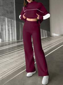 EURMUSE Women's Contrast Color Stand Collar Long Sleeve Sweater And Knitted Pants Casual 2 Pieces Set - Burgundy - View 4