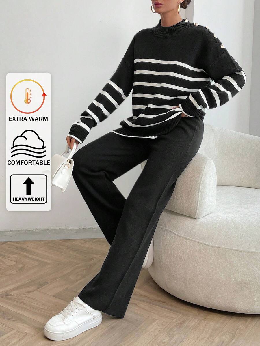 EURMUSE Women Stripe Pattern Button Detailed Round Neck Drop Shoulder Pullover & Sweater Pants Set - Black - View 1