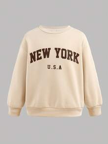 SHEIN 2 Stücke/Set Tween Mädchen Oversized Lässig Einfarbig Khaki Buchstaben Muster Langarm Sweatshirt und weite Hose 2 Stücke Set, Rückkehr zur Schule