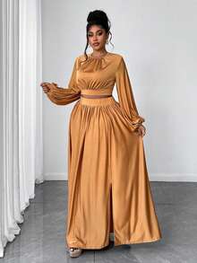 Maweii Plus Size Women's Elegant And Simple Party Solid Color Casual Simple Knitted Two-Piece Set - Yellow - View 5