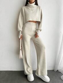 EURMUSE High Neck Bubble Sleeve Knitted Knitted Two Piece Set - Beige - View 5