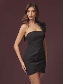 L'Amorae Damen Puff-Schulter Bodycon Mini Cocktailkleid für Urlaub, Herbst, Hochzeitsgäste, glamouröse Nacht aus - Schwarz - Übersicht 4