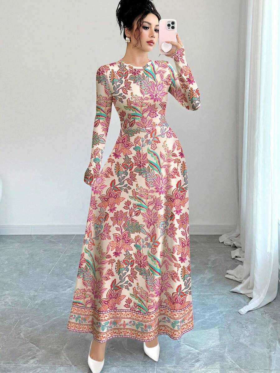 Modelyn 女式复古波西米亚花卉印花圆领长袖 A 字连衣裙，春秋 - 彩色 - 查看 1