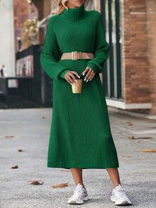EURMUSE 女士纯色长袖毛衣裙，秋冬时尚 - 綠色 - 查看 3