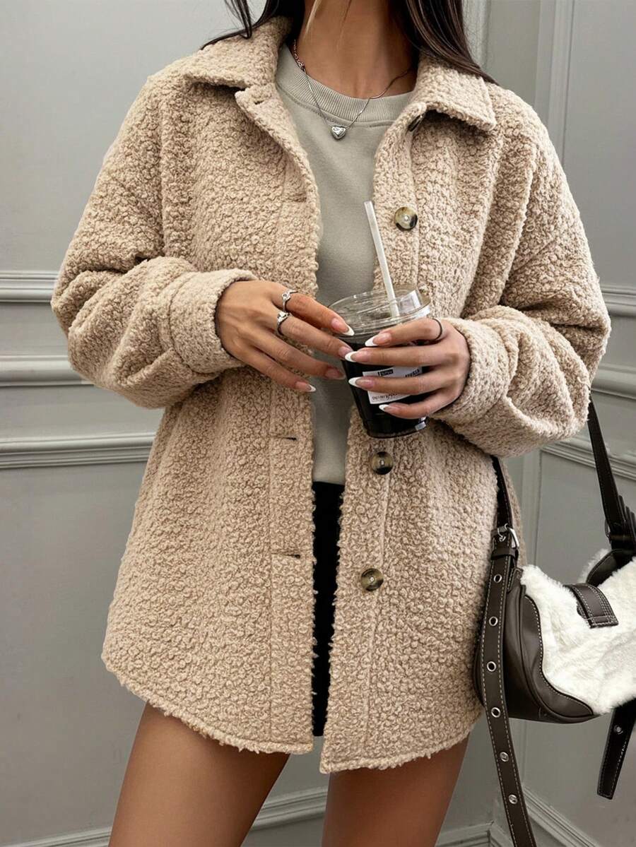 SHEIN EZwear 秋冬浅卡其色毛绒女大衣 - 杏色 - 查看 1
