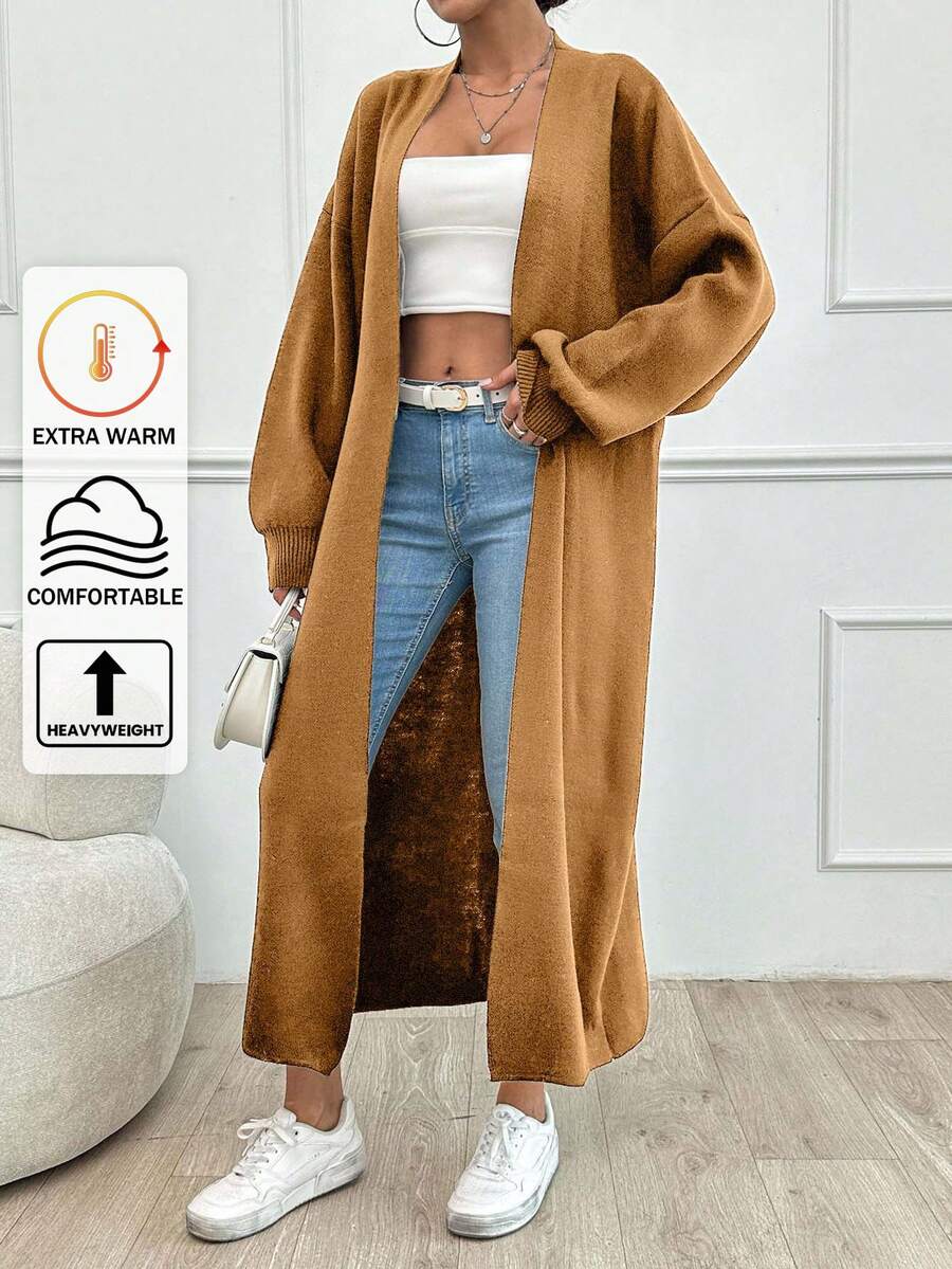 SHEIN Tall Dual Pocket Drop Shoulder Cardigan,Tall In Women,Cardigans,Long Cardigans Woman,Petite,Tall - Camel - View 1