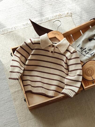 SHEIN Vintaside Kids Áo len dệt kim kẻ sọc phối màu tương phản cho bé trai, thích hợp cho mùa xuân, thu, đông, Giáng sinh, Halloween, áo len mùa thu.