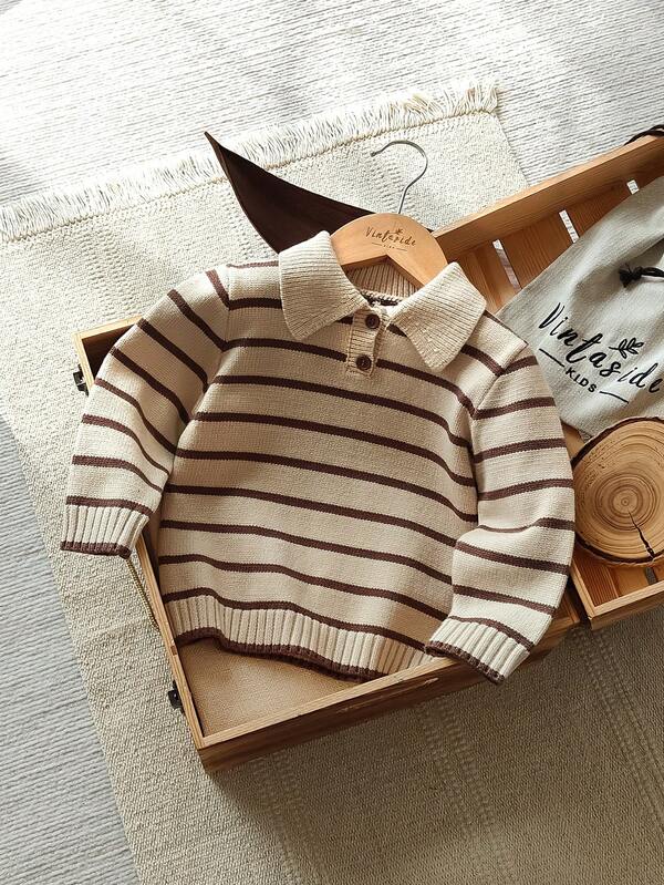 SHEIN Vintaside Kids Baby Boy Striped Contrast Color Knit Sweater, Suitable For Spring, Autumn, Winter Christmas Halloween Sweater, Autumn Fall Jumpers
