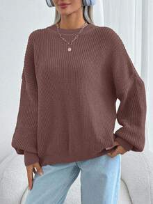 EURMUSE Women Solid Color Round Neck Drop Shoulder Chunky Pullover - Rusty Rose - View 4