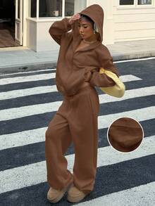 Muchica Bộ áo nỉ rộng rãi màu vàng kem dành cho nữ, hàng mới về mùa thu - màu nâu - Xem 3