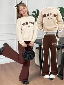 SHEIN 2 Stücke/Set Tween Mädchen Oversized Lässig Einfarbig Khaki Buchstaben Muster Langarm Sweatshirt und weite Hose 2 Stücke Set, Rückkehr zur Schule