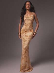 Hauture Sexy Flower Flocking Maxi Mermaid Dress – Front Cowl Neck & Back Slit Party Night Out Dress - Multicolor - View 4