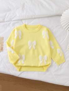 SHEIN Playful Pals 少女厚款白色蝴蝶结圆领套头毛衣，休闲可爱，适合叠穿，也适合秋冬季节、圣诞节、万圣节等派对场合。 - 黃色 - 查看 5