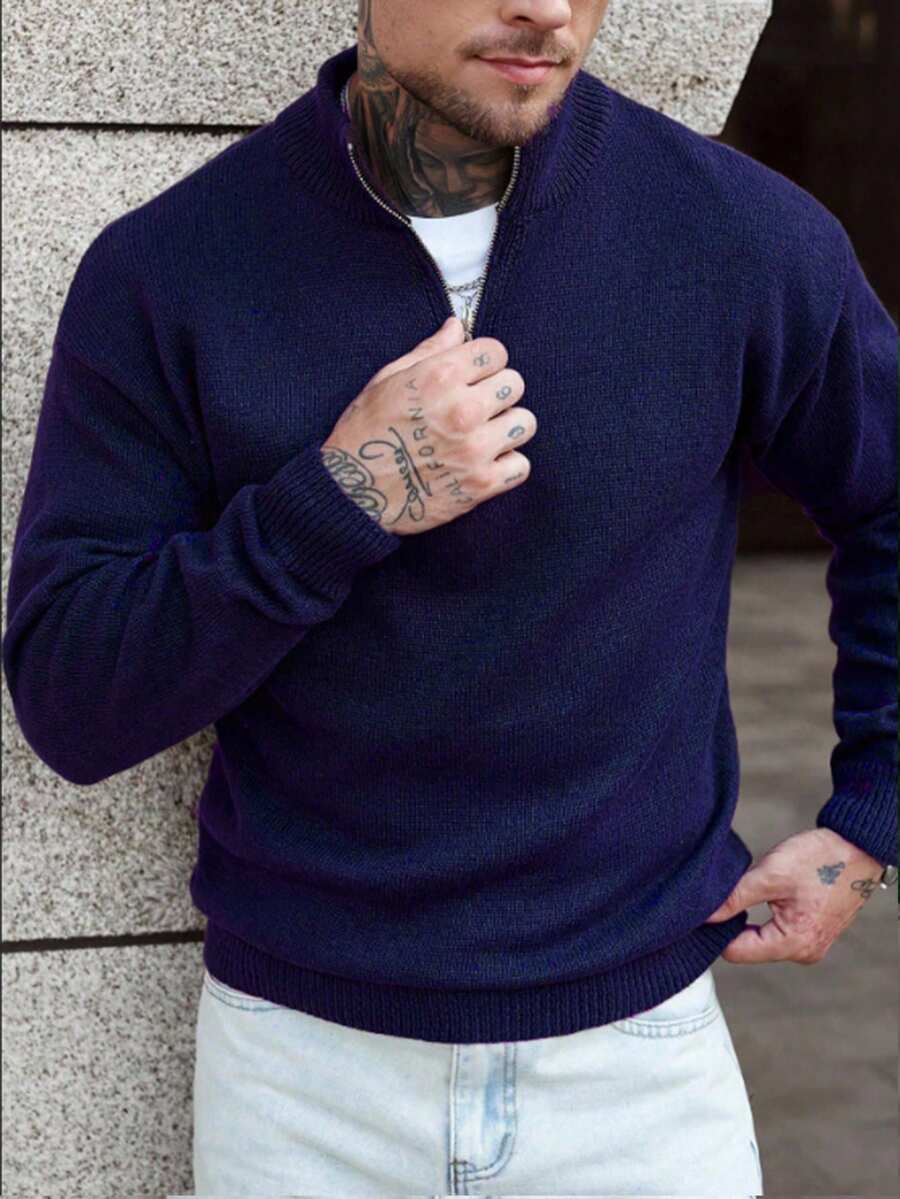 Manfinity Homme 男士四分之一拉链长袖套头衫,秋冬 - 藍色 - 查看 1