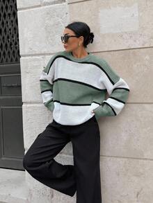 EURMUSE Women Stripe Pattern Round Neck Drop Shoulder Pullover,Jumper,Cream Jumper,Jumpers,Black Jumper,Women's Jumper,White Jumper,Women's Jumper,Women's Jumpers,Winter Clothes - Mint Green - View 6