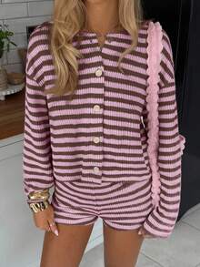 CovetEZ 2pcs Knitted Striped Casual Women Buttoned Front Long Sleeve Top And Shorts Set Knit Two Piece Set Two Piece Set Women Comfy Long Sleeve Two Piece Set Two Piece Lounge Set Comfortable Two Piece Set
