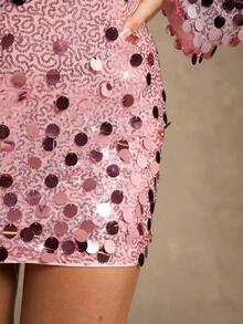 Glamine 女士优雅复古闪亮珍珠吊带裙 - 杏色 - 查看 4