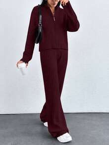 EURMUSE Drop Shoulder Zip Up Cardigan & Knit Pants - Burgundy - View 7
